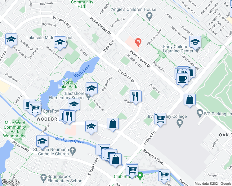 map of restaurants, bars, coffee shops, grocery stores, and more near 52 Ashwood in Irvine