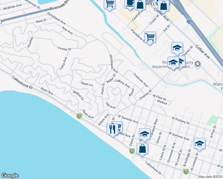 map of restaurants, bars, coffee shops, grocery stores, and more near Champion in Lake Elsinore