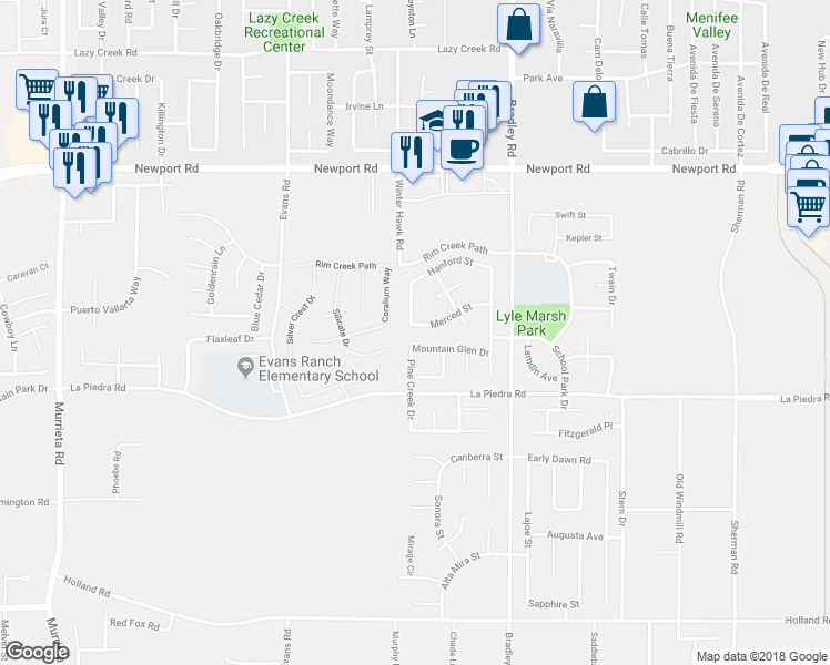 map of restaurants, bars, coffee shops, grocery stores, and more near 26773 Merced Street in Menifee