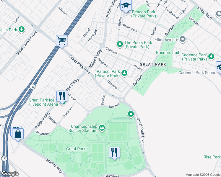 map of restaurants, bars, coffee shops, grocery stores, and more near 15310 Barranca Parkway in Irvine