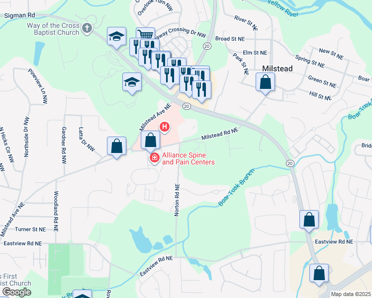 map of restaurants, bars, coffee shops, grocery stores, and more near 1435 Milstead Road Northeast in Conyers