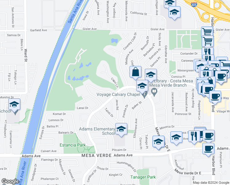 map of restaurants, bars, coffee shops, grocery stores, and more near 3002 Java Road in Costa Mesa