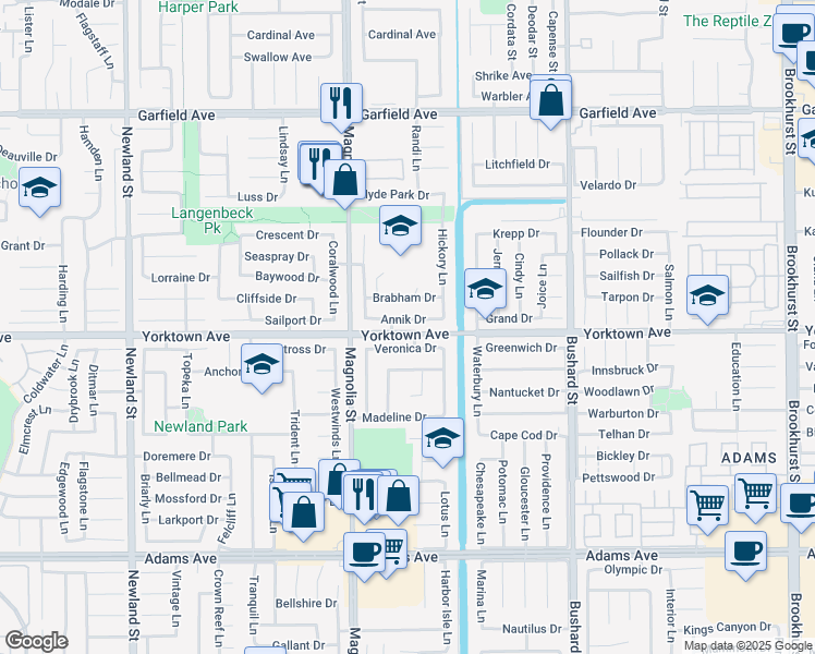 map of restaurants, bars, coffee shops, grocery stores, and more near 9122 Annik Drive in Huntington Beach