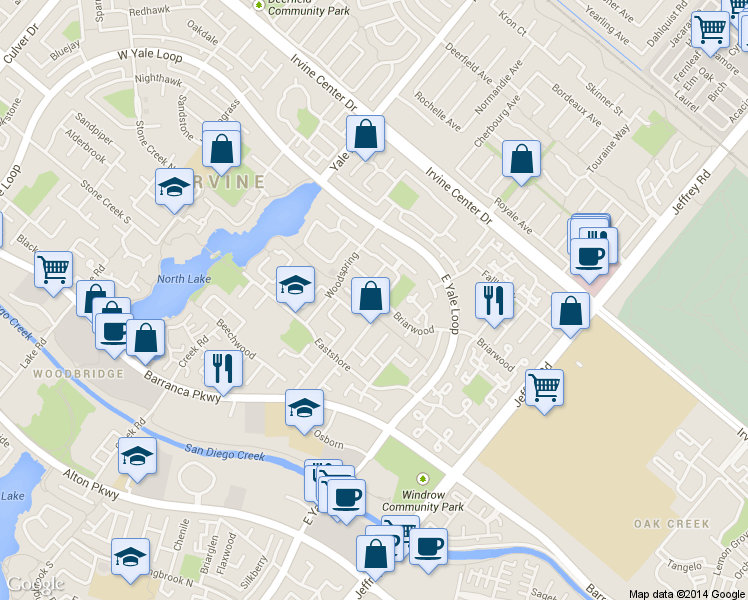 map of restaurants, bars, coffee shops, grocery stores, and more near 52 Ashwood in Irvine