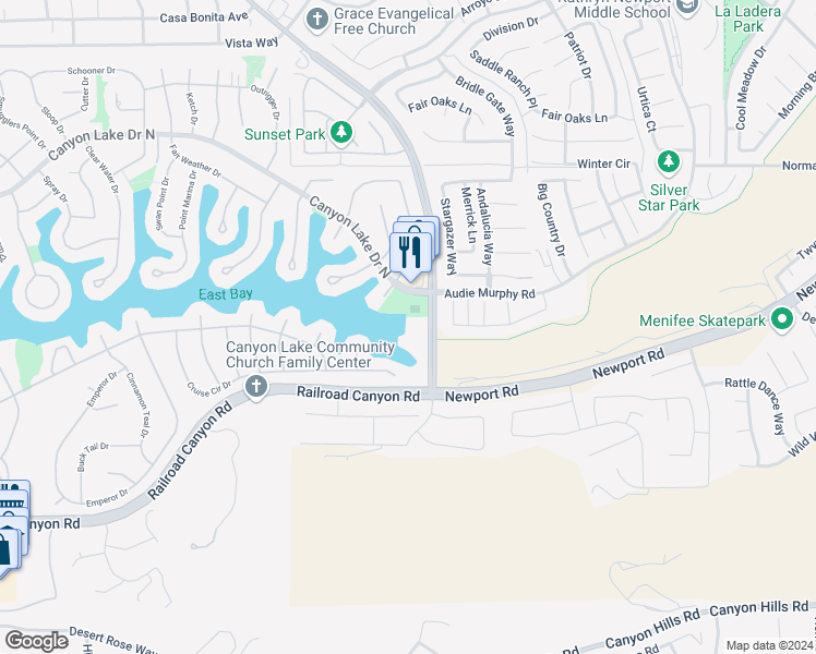 map of restaurants, bars, coffee shops, grocery stores, and more near 24319 Canyon Lake Drive North in Canyon Lake