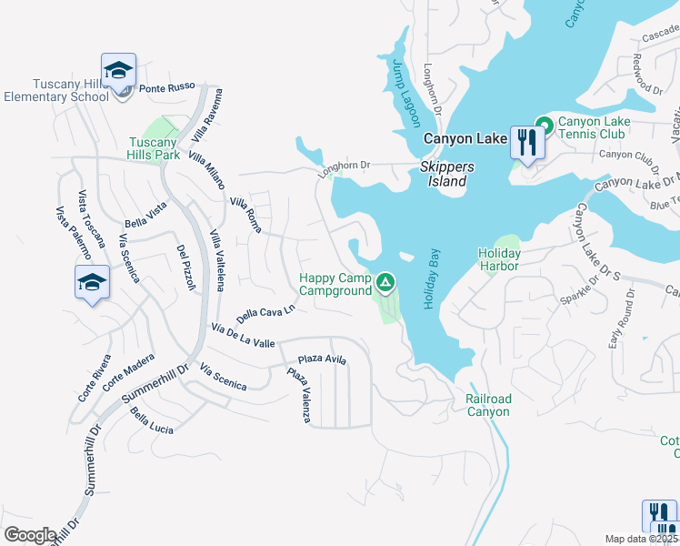 map of restaurants, bars, coffee shops, grocery stores, and more near 30571 Longhorn Drive in Canyon Lake