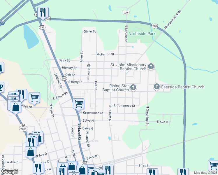 map of restaurants, bars, coffee shops, grocery stores, and more near 1102 North Walker Street in Hope