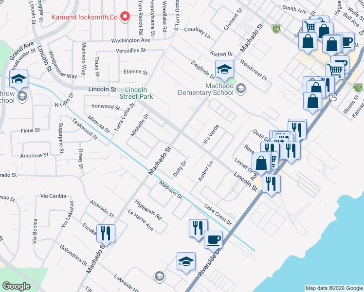 map of restaurants, bars, coffee shops, grocery stores, and more near 901 Diane Way in Lake Elsinore