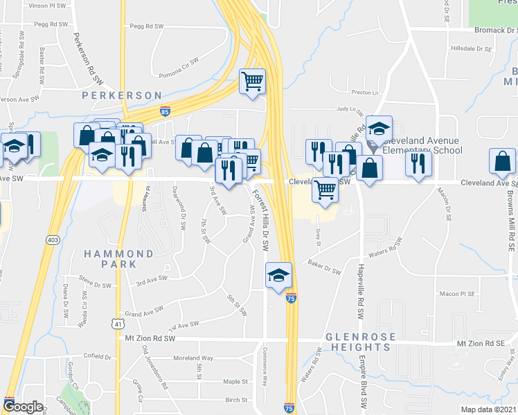 map of restaurants, bars, coffee shops, grocery stores, and more near 2754 Grand Avenue Southwest in Atlanta