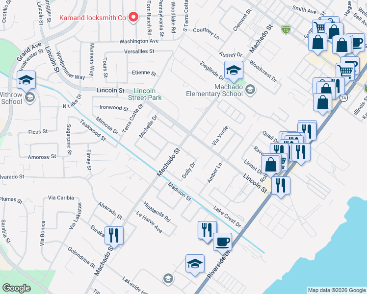 map of restaurants, bars, coffee shops, grocery stores, and more near 32156 Machado Street in Lake Elsinore