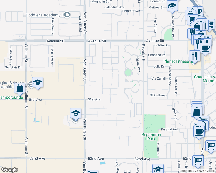 map of restaurants, bars, coffee shops, grocery stores, and more near 84440 Calle Chavez in Coachella