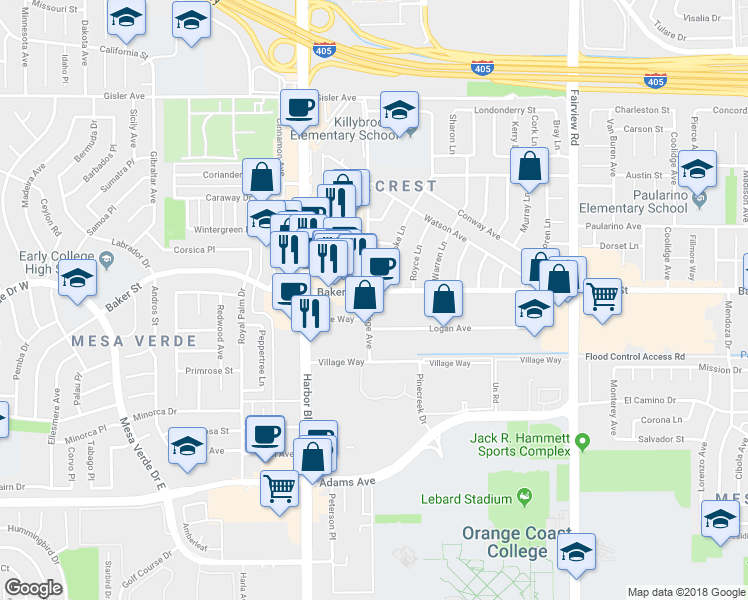 map of restaurants, bars, coffee shops, grocery stores, and more near 1399 Baker Street in Costa Mesa