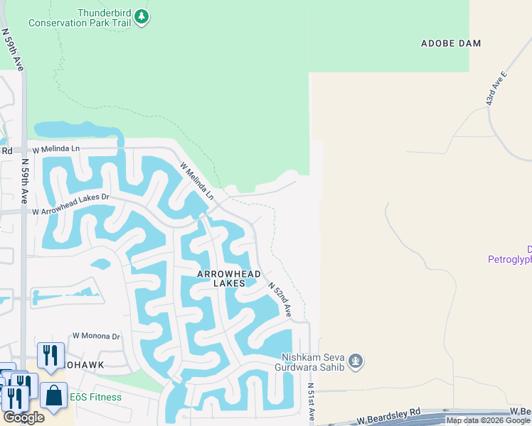 map of restaurants, bars, coffee shops, grocery stores, and more near 5183 West Abraham Lane in Glendale