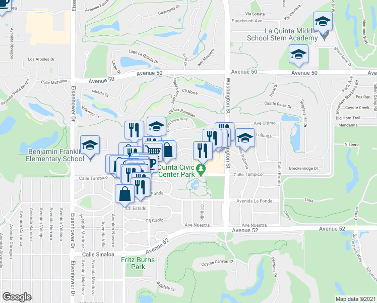 map of restaurants, bars, coffee shops, grocery stores, and more near 50800 Paradise East in La Quinta