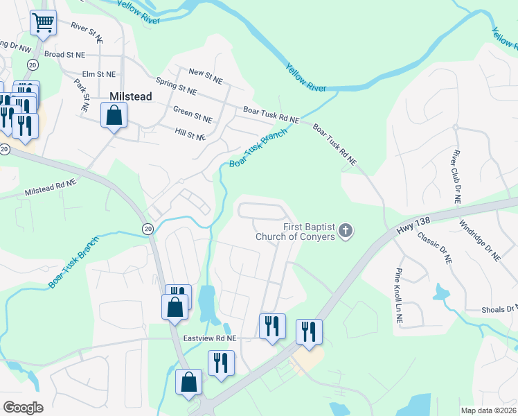 map of restaurants, bars, coffee shops, grocery stores, and more near 1969 Bridgestone Circle in Conyers