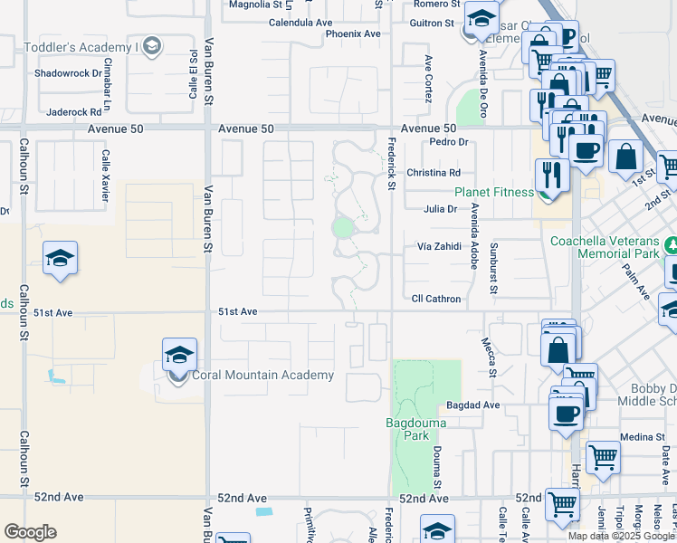 map of restaurants, bars, coffee shops, grocery stores, and more near 50855 Chiapas Drive in Coachella