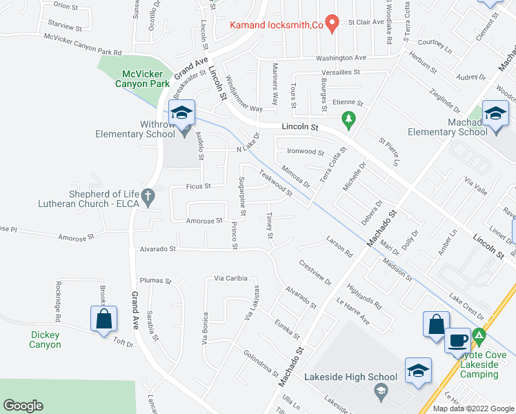 map of restaurants, bars, coffee shops, grocery stores, and more near 15119 Knollwood Street in Lake Elsinore