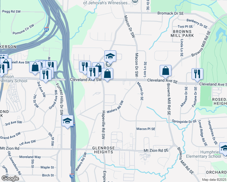 map of restaurants, bars, coffee shops, grocery stores, and more near 108 Cleveland Avenue Southwest in Atlanta