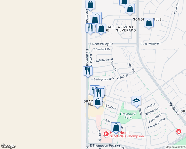 map of restaurants, bars, coffee shops, grocery stores, and more near 7224 East Wingspan Way in Scottsdale