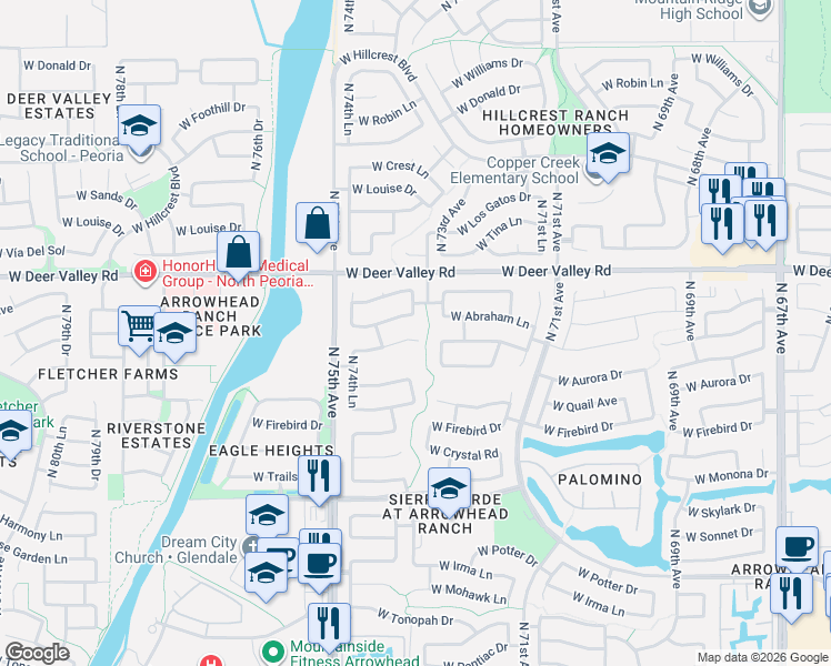 map of restaurants, bars, coffee shops, grocery stores, and more near 21324 North 73rd Avenue in Glendale