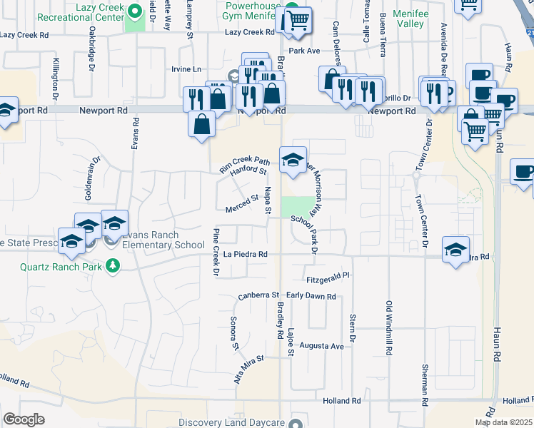 map of restaurants, bars, coffee shops, grocery stores, and more near 30323 Napa Street in Menifee