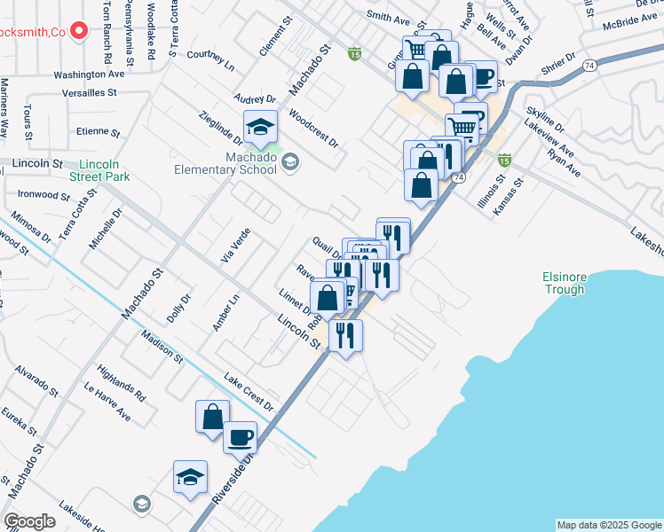 map of restaurants, bars, coffee shops, grocery stores, and more near 3580 Nashland Avenue in Lake Elsinore