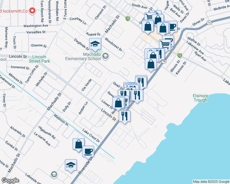 map of restaurants, bars, coffee shops, grocery stores, and more near 3641 Raven Drive in Lake Elsinore