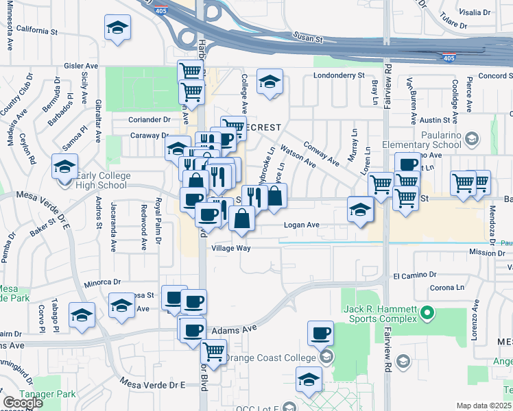 map of restaurants, bars, coffee shops, grocery stores, and more near 1399 Baker Street in Costa Mesa