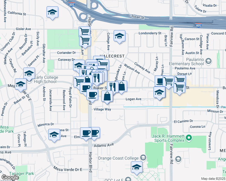 map of restaurants, bars, coffee shops, grocery stores, and more near 1399 Baker Street in Costa Mesa
