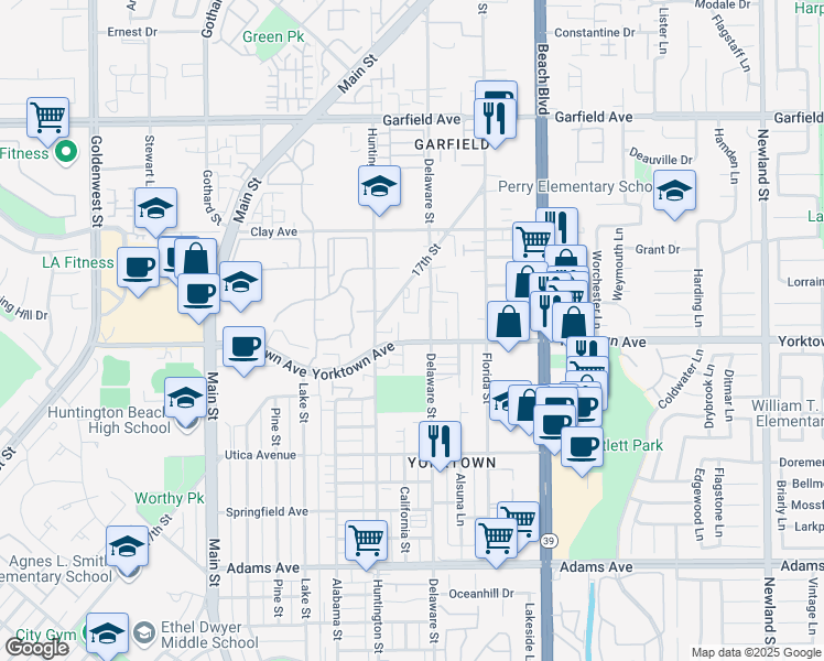 map of restaurants, bars, coffee shops, grocery stores, and more near 7651 Yorktown Avenue in Huntington Beach