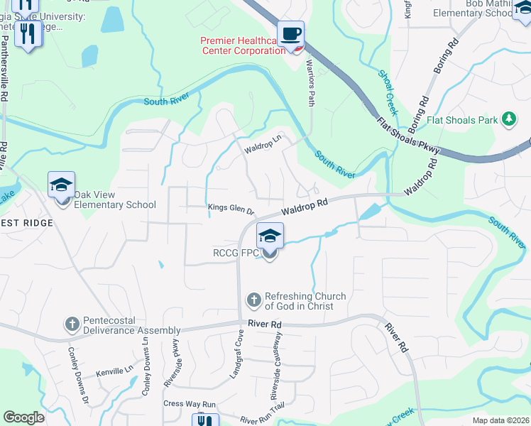 map of restaurants, bars, coffee shops, grocery stores, and more near 3520 Kingswood Trail in Decatur