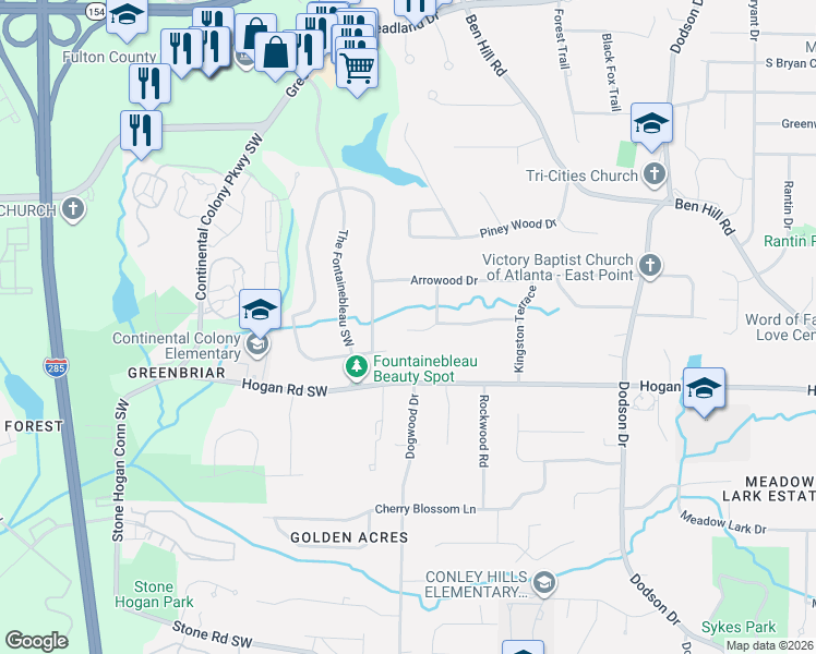 map of restaurants, bars, coffee shops, grocery stores, and more near 2974 Branchwood Drive in East Point