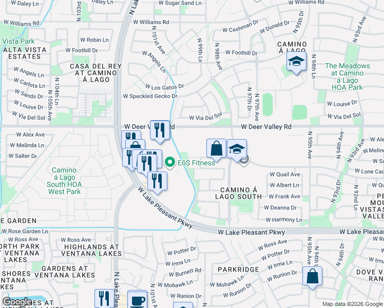 map of restaurants, bars, coffee shops, grocery stores, and more near 9887 West Melinda Lane in Peoria