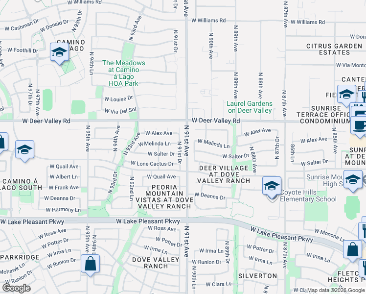 map of restaurants, bars, coffee shops, grocery stores, and more near 21527 North 91st Drive in Peoria