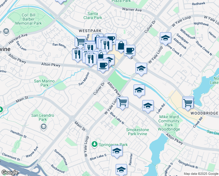 map of restaurants, bars, coffee shops, grocery stores, and more near 145 Greenfield in Irvine