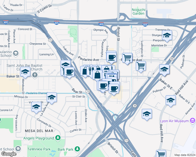 map of restaurants, bars, coffee shops, grocery stores, and more near 2972 Century Place in Costa Mesa