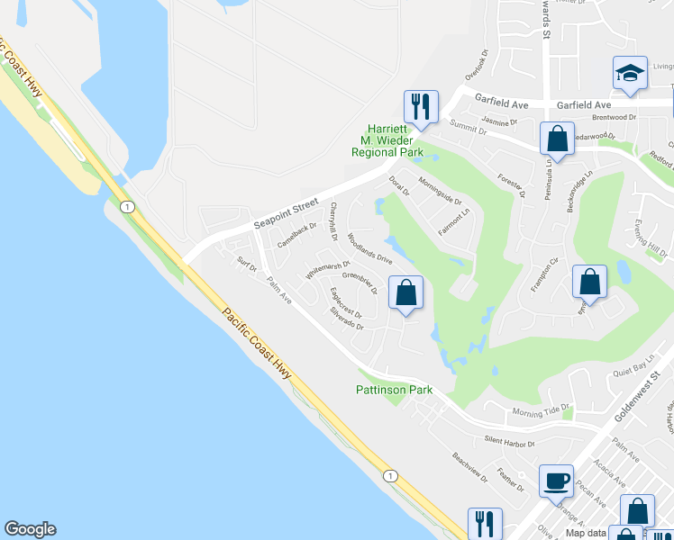 map of restaurants, bars, coffee shops, grocery stores, and more near 6095 Greenbrier Drive in Huntington Beach
