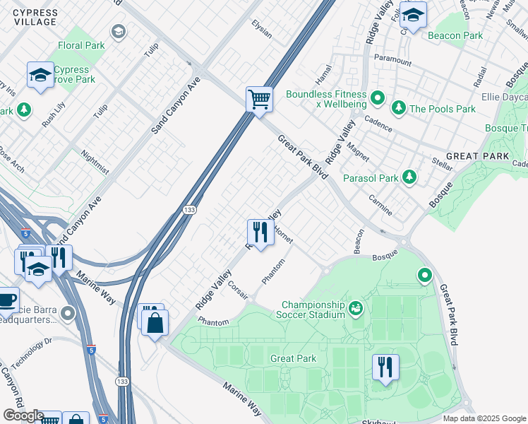 map of restaurants, bars, coffee shops, grocery stores, and more near 109 Briarberry in Irvine