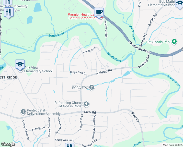 map of restaurants, bars, coffee shops, grocery stores, and more near 3520 Kingswood Trail in Decatur