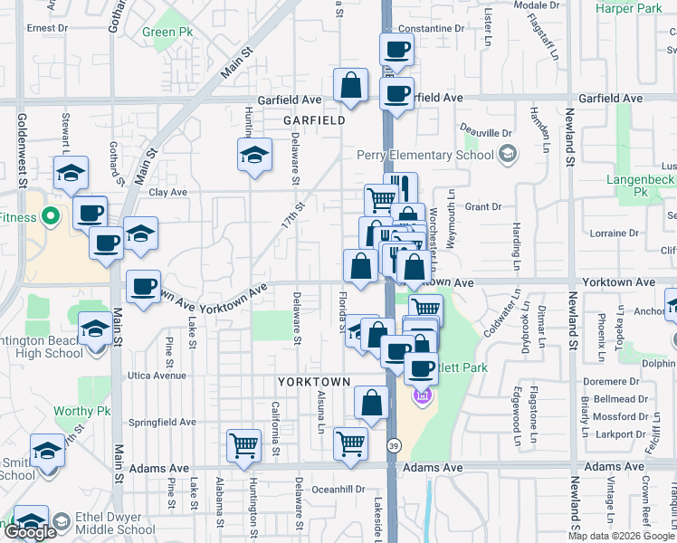 map of restaurants, bars, coffee shops, grocery stores, and more near 2511 Florida Street in Huntington Beach