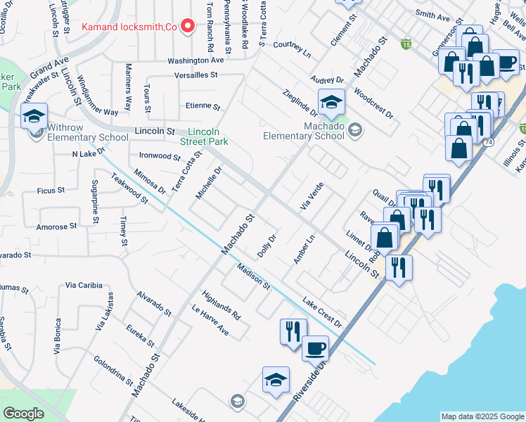 map of restaurants, bars, coffee shops, grocery stores, and more near 32156 Machado Street in Lake Elsinore