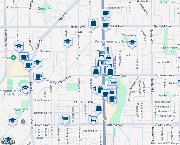 map of restaurants, bars, coffee shops, grocery stores, and more near 3 Yorktown Avenue in Huntington Beach