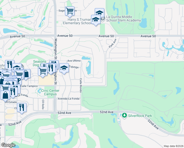 map of restaurants, bars, coffee shops, grocery stores, and more near 50665 Spyglass Hill Drive in La Quinta