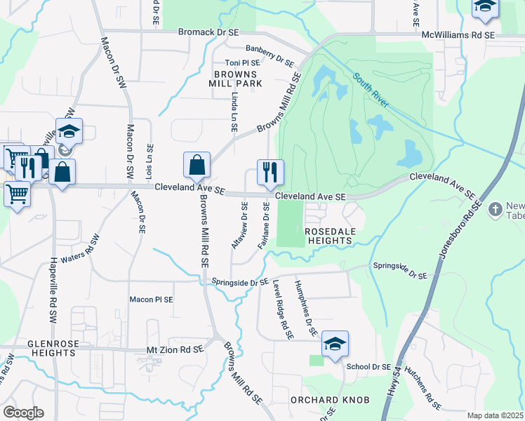 map of restaurants, bars, coffee shops, grocery stores, and more near 2745 Fairlane Drive Southeast in Atlanta