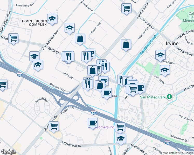 map of restaurants, bars, coffee shops, grocery stores, and more near 12 Park Plaza in Irvine