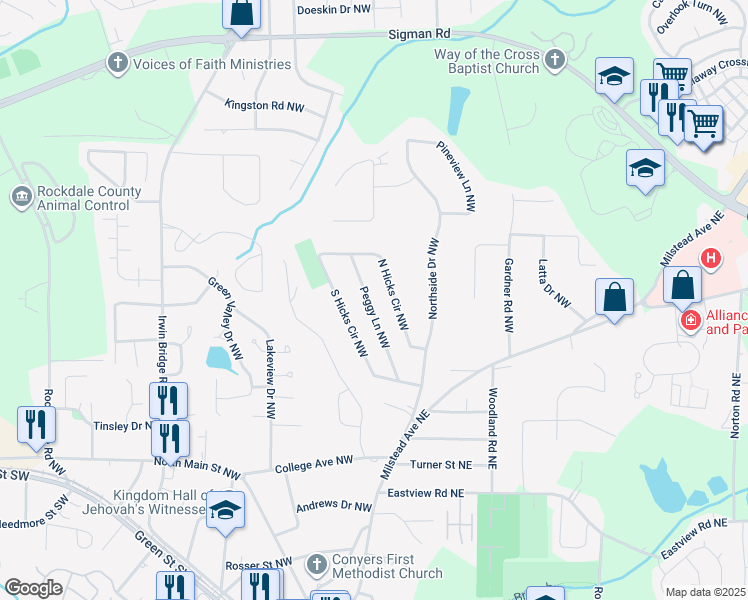 map of restaurants, bars, coffee shops, grocery stores, and more near 1347 Peggy Lane Northwest in Conyers