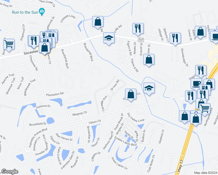map of restaurants, bars, coffee shops, grocery stores, and more near 156 Olde Towne Way in Myrtle Beach