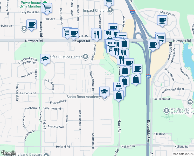 map of restaurants, bars, coffee shops, grocery stores, and more near 30414 Town Center Drive in Menifee