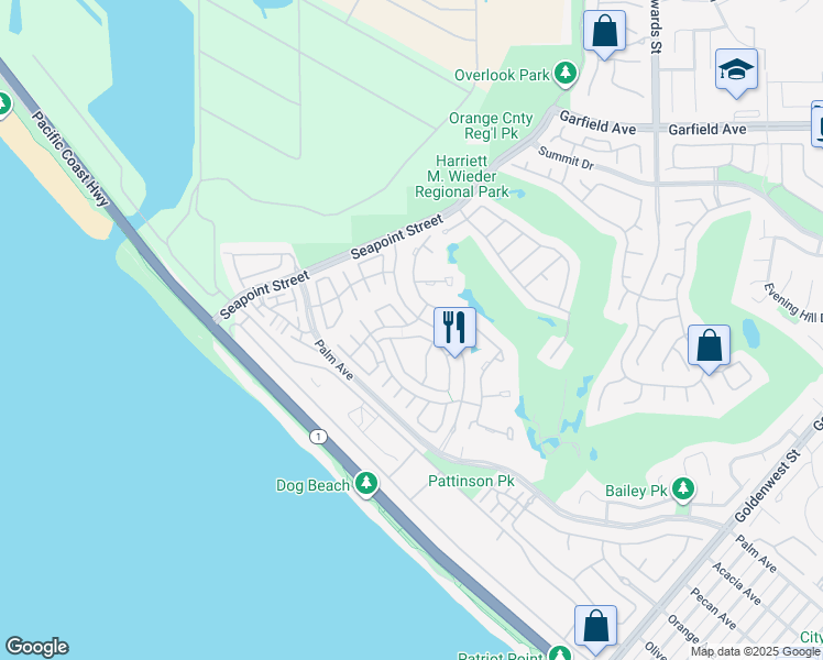 map of restaurants, bars, coffee shops, grocery stores, and more near 6112 Greenbrier Drive in Huntington Beach