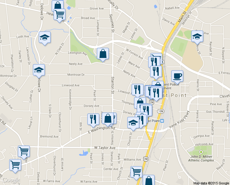 map of restaurants, bars, coffee shops, grocery stores, and more near 1786 Linwood Avenue in East Point